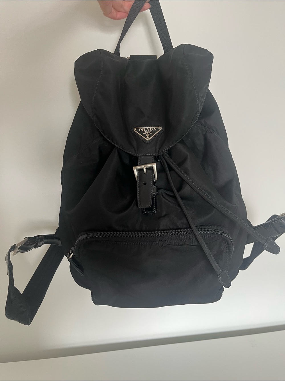 Prada Black Nylon Drawstring Backpack with Front Zip Pocket small size